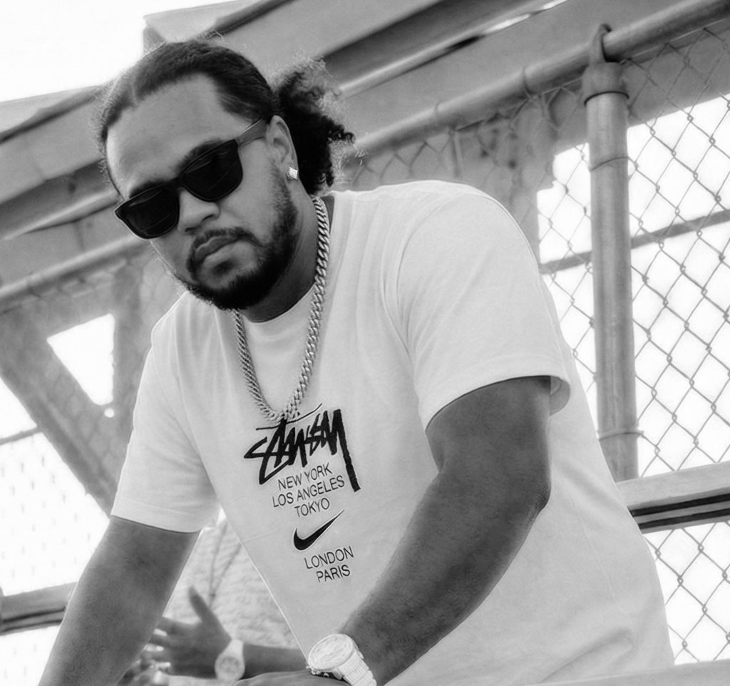 XiØN in a white graphic shirt and sunglasses, leaning beside a chain-link fence