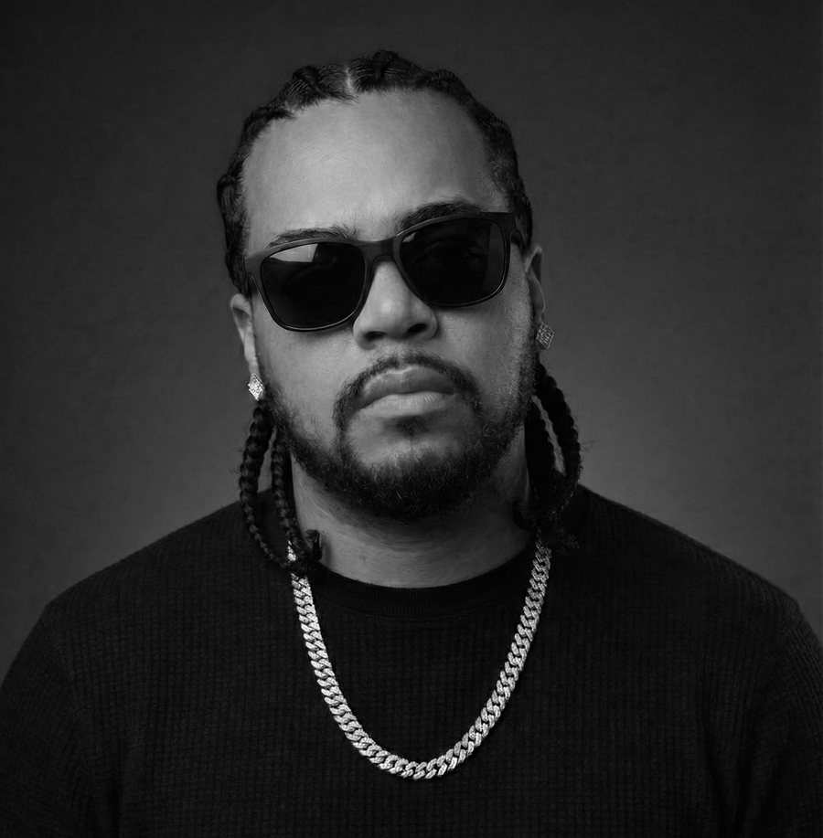 Black-and-white studio portrait of XiØN wearing sunglasses, a black sweater and a silver chain, with braided hair